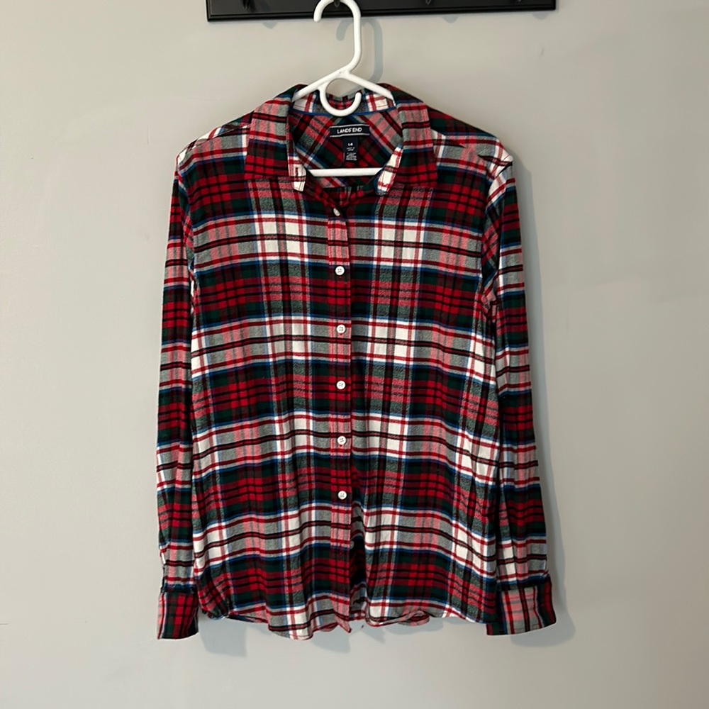 Lands' End Red/Green/White Plaid Flannel Shirt size 14 NWOT